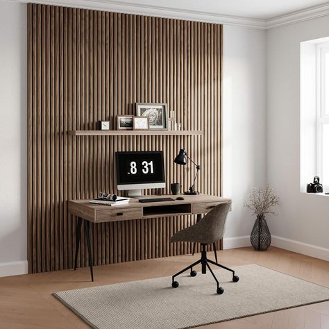 Transform any room into a statement of elegance and warmth with our dark wood wall panel ideas! Perfect for any interior design. Wood Slat Wall Home Office, Wood Panelling Office, Small Office Panelling, Office With Wood Paneling, Office Panelling Design, Wall Wooden Panelling, Wood Cladding Interior Feature Walls, Office Wall Panelling Design, Dark Wood Paneling Walls