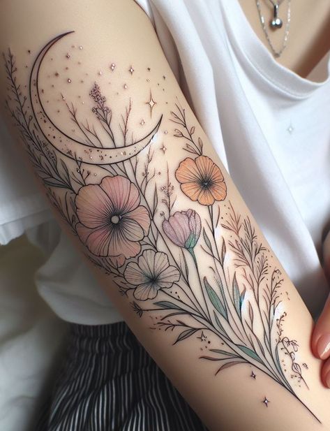 Floral tattoo ideas that bloom with creativity. Transform your skin into a garden of art! Pretty Flowers Tattoo Design, Magical Garden Tattoo, Floral Witchy Tattoos, Vintage Floral Tattoos Forearm, Mother Nature Tattoos Sleeve, Green Floral Tattoo, Autumn Tattoos For Women, Wild Flower Forearm Tattoo, Colored Sleeve Tattoo