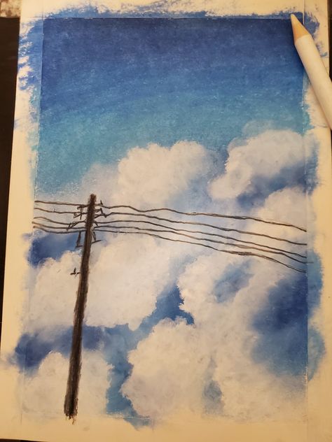 Sky Marker Drawing, Cloud Oil Pastel, Oil Pastel Clouds, Sky Oil Pastel, Sky Drawings, Crayon Drawings, Pastel Sky, Wax Crayons, Oil Pastel Art