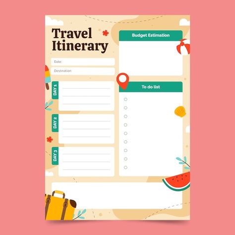 Travel itinerary design template | Free Vector #Freepik #freevector #itinerary #travel-itinerary #travel-template #travel-luggage Itenerary Travel Design, Travel Itinerary Design, Travel Template, Itinerary Design, Page Borders Design, Page Borders, Border Designs, Letter Logo Design, Index Cards