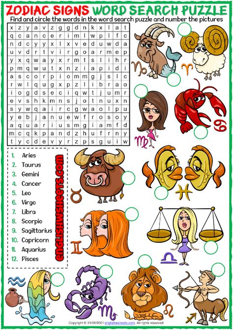 Zodiac Signs ESL Printable Word Search Puzzle Worksheet Vocabulary Games For Kids, Pieces Zodiac, Word Search Puzzles Printables, Puzzle Worksheet, Test For Kids, School 2021, Virgo Constellation, Esl Vocabulary, Word Search Printables