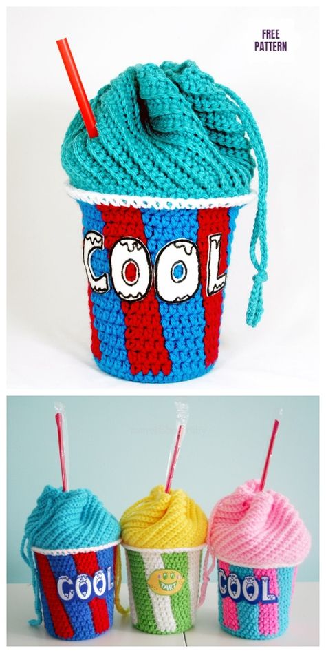 Crochet Slushee Cup Drawstring Bag Free Crochet Pattern Slushee Cup, Bag Free Crochet Pattern, Crochet Drawstring Bag, Crochet Drawstring, Crochet Shell Stitch, Crochet Food, Crochet Purse Patterns, Fun Crochet Projects, Crochet Diy