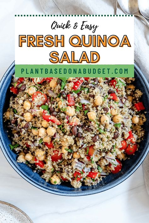 This Fresh Quinoa Salad is wholesome, packed with plant-protein, and is so delicious warm or cold! Perfect for potlucks, BBQs, and gatherings! #plantbasedonabudget #quinoa #salad #vegan Cold Quinoa Salad Recipes, Roasted Red Salsa, Quinoa Salad Vegan, Cold Quinoa Salad, Vegan Quinoa Recipes, Southwest Quinoa, Southwest Quinoa Salad, Mexican Quinoa Salad, Cheap Food