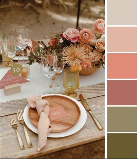 Dusty Sunset Wedding, Blush Rust Color Palette, Brick Red Wedding Colors, Peach Tone Wedding, Pink Wedding Palette Colour Schemes, Dessert Rose Wedding Color Scheme, Wedding Color Schemes Dusty Rose, Desert Sunset Wedding Colors, Terracotta Spring Wedding Palette