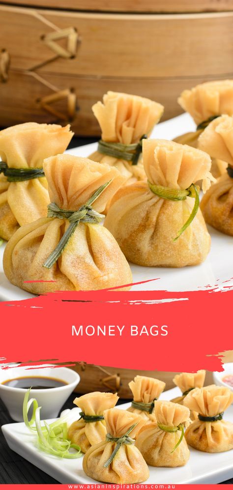 Cny Recipes Dishes, Money Bags Recipe, Money Bag Recipe, Thai Entree, Thai Dinner, Thai Appetizer, Japanese Appetizers, Thai Snacks, Yum Cha