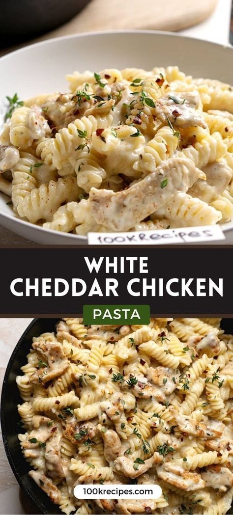 This is a delicious cheese chicken pasta recipe for your lunch or dinner. What can be better than a quick and easy pasta with chicken, creamy sauce, and herbs? White Cheddar Chicken Pasta, Cheddar Chicken Pasta, Cheese Chicken Pasta, White Cheddar Sauce, Cheddar Sauce, Cheesy Chicken Pasta, Pasta Bake Easy, Cheese Sauce For Pasta, Cheddar Chicken