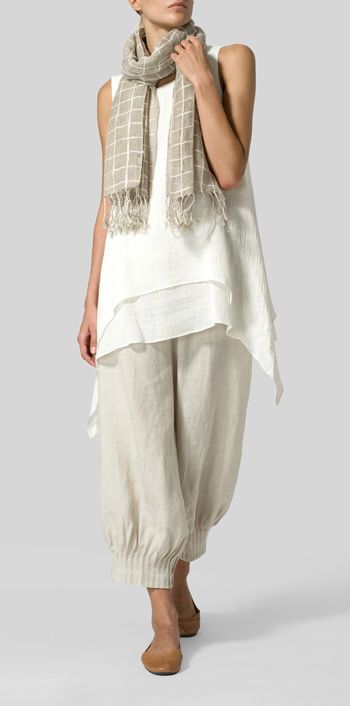 Linen Crinkle Gauze Sleeveless Layered Top with Scarf Top With Scarf, Miss Me Outfits, Gauze Clothing, Vivid Linen, Linen Layers, White Look, Linen Gauze, Linen Clothing, Elevated Basics