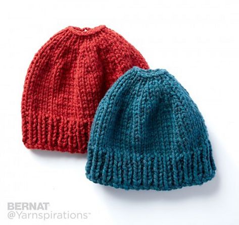 The Best Free Knit Ponytail Hat Patterns (Messy Bun Beanies) On Trend For The 2017-2018 Season! Knit Ponytail Hat Free Pattern, Knitting Patterns Hats, Messy Bun Knitted Hat, Ponytail Hat Knitting Pattern, Messy Bun Hats, Knitted Ponytail Hat, Ponytail Hat Pattern, Messy Bun Hat Pattern, Bernat Softee Chunky Yarn