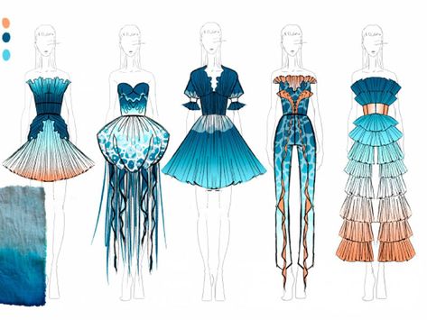 Ocean Fashion Design, Sea Inspired Fashion, Fashion Design Inspiration Board, Mood Board Fashion Inspiration, Fashion Model Sketch, Clothing Pattern Design, Fashion Illustration Tutorial, Fashion Illustration Collage, Fashion Illustrations Techniques