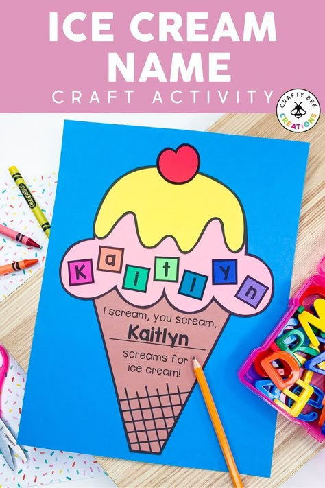 Patterns For Preschool, Ice Cream Names, Ice Cream Cone Craft, Ice Cream Craft, Groundhogs Day, Name Activities Preschool, Summer Preschool Crafts, Ice Cream Crafts, Preschool Names