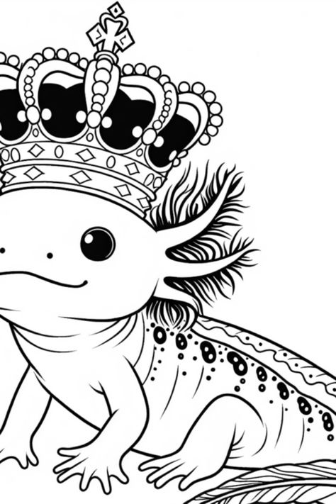 Get ready to bring this adorable King Axolotl to life on this coloring page! Picture a cheerful axolotl sporting a grand crown encrusted with colorful jewels, his big, friendly eyes just waiting for some creativity. This delightful drawing is perfect for fans of axolotls and anyone who loves fun coloring activities. Enjoy relaxing while you choose your favorite colors and make this royal creature truly unique! It's a great way for kids and adults alike to express their artistry Axolotl Coloring Page, Forest Coloring Pages, Colorful Lizards, Garden Coloring Pages, Enchanted Forest Coloring, Coloring Activities, Forest Color, Magical Creature, Underwater Creatures