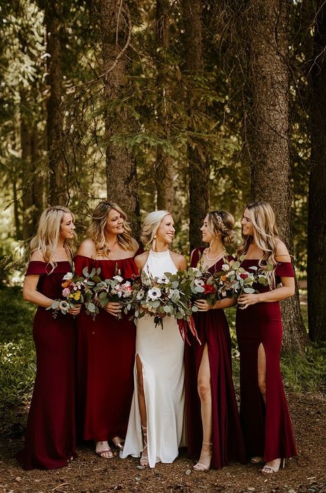 Burgandy Bridesmaids Dresses With Groomsmen, Fall Wedding Color Bridesmaid Dresses, Black And Burgundy Bridal Party, Cabernet Wedding Colors Bridesmaid Dress, Dark Red Bridesmaids Dresses, Gold And Red Bridesmaid Dresses, Bridesmaid Dresses Wine Red, Maroon Bridesmaids Dresses, Cabernet Wedding Party