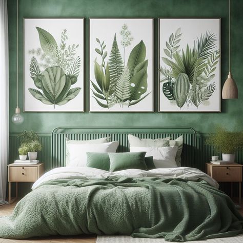 Green Bedroom Green Leaf Bedroom Decor, Botanical Bedroom Ideas, Botanical Bedroom, Rustic Bedside Table, Mint Walls, Green Bedroom Ideas, Green Accent Walls, Natural Wood Furniture, New Bedroom Ideas