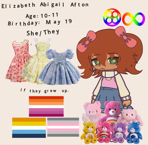 Also btw the two symbols are dyslexia and autism! Elizabeth Afton Headcanons, Fnaf Headcanons, Circus Baby And Elizabeth, Afton Gacha, Coquette Things, 80s Outfits, Elizabeth Afton, Gacha Designs, Fnaf Gacha