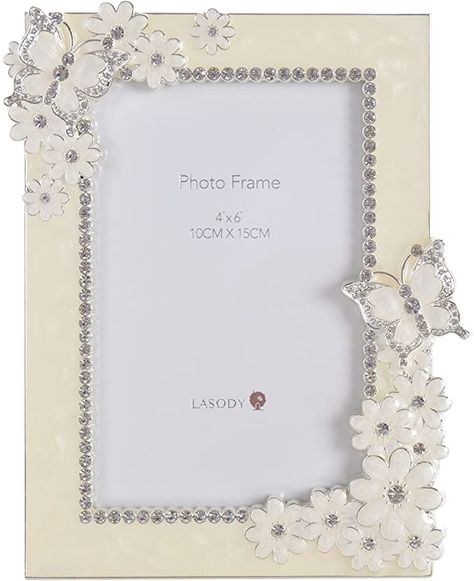 LASODY Flower Butterfly Picture Frame Silver Metal photo frame with White Enamel and Crystals, 4X6 Frame,Mom Picture Frame(Pay Attention:This Item Is Sent From China,You Just Can Receive Package After New Year) : Home & Kitchen Butterfly Picture Frame, Mom Picture Frame, Mom Picture, Metal Photo Frame, Flower Picture Frames, 4x6 Frames, Tabletop Picture Frames, Metal Photo Frames, Vintage Photo Frames