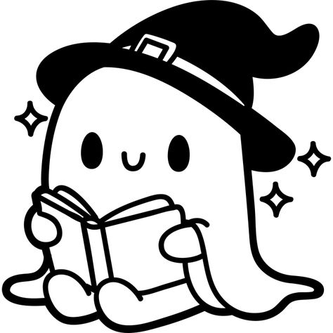 Ghost With Witch Hat, Skeleton Cute, Reading A Book, A Witch, The Ghost, The Witch, Cute Ghost, Witch Hat, Halloween Themes