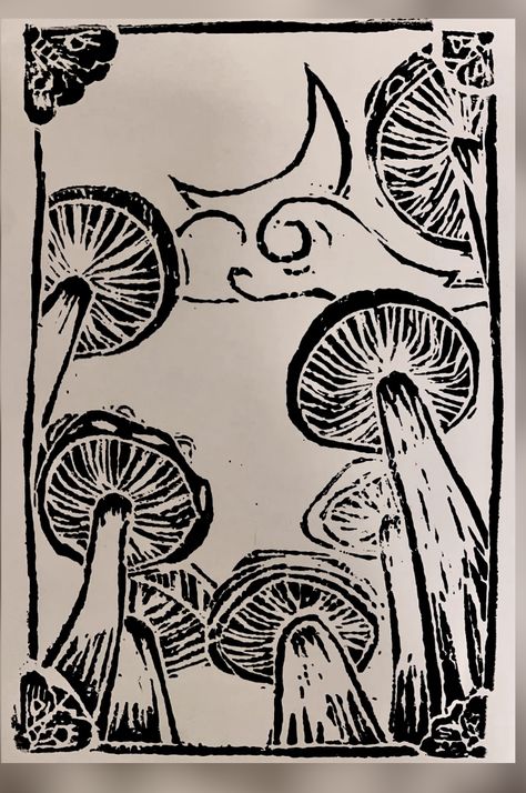 Natural Form Art, Watercolor Art Face, Relief Printmaking, Lino Art, Stained Glass Paint, Mushroom Print, Lino Cut, Linocut Art, Printmaking Art