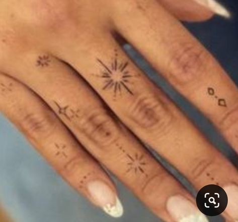 Starburst Finger Tattoo, Finger Star Tattoos For Women, Starburst Hand Tattoo, Stardust Finger Tattoo, Sun Moon Star Finger Tattoo, Celestial Finger Tattoos For Women, Sticker Sleeve, Finger Tattoo Designs, Knuckle Tattoos