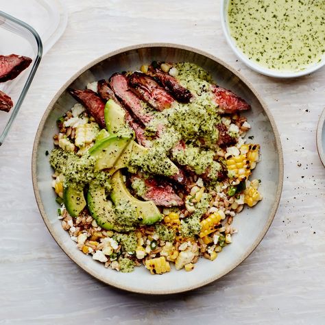 Grain Bowls with Grilled Corn, Steak, and Avocado Recipe | Epicurious Corn Steak, Steak And Avocado, Best Avocado Recipes, Satisfying Salads, Grain Bowls, Butter Pasta, Weekly Meal Plan, Grain Bowl, Grilled Corn