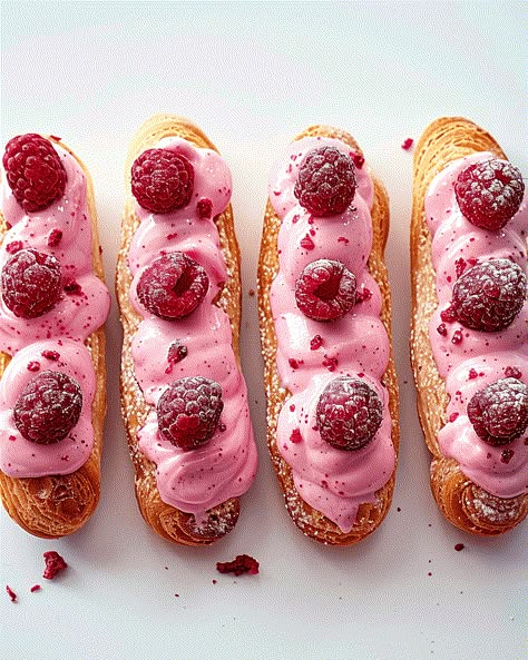 Raspberry and Cream Éclairs: A Delightful Twist on a Classic Pastry Éclairs are a timeless French dessert known for their crisp pastry shells and creamy fillings, but these Raspberry and ... Read more Raspberry Eclairs, Eclair Cream, Choux Puff, Passion Fruit Curd, Chocolate Eclair, Freeze Dried Raspberries, Dried Raspberries, Food Tech, Pastry Shells