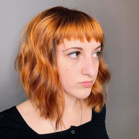 I love bangs with aggressive texture🖤 Color was brown but @lo.hair brought Kristina to an incredible copper! Cut with @mizutaniamerica… Bangs For Fine Hair, Micro Pony, Choppy Layered Hairstyles, Diy Ombre Hair, Micro Bangs, Layered Thick Hair, Hair Pony, Pony Hairstyles, Layered Haircuts With Bangs