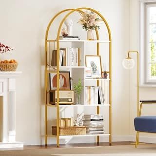 Bookshelves Entryway Living Room Ideas, Bedroom Bookshelf Ideas, Art Deco Studio, Dreamy Room Decor, Arched Bookshelf, Gold Bookshelf, Woburn Abbey, Bedroom Bookshelf, Standing Bookshelf