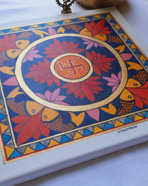 Swastik Painting Art, Madhubani Canvas Paintings, Mandala Art On Square Canvas, Lotus Madhubani Painting, Canvas Painting Ideas Square, Swastik Design Art, Swastik Painting, Madhubani Drawing Indian Paintings, Lotus Painting Acrylic