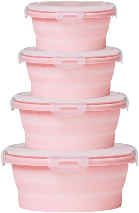 ✅【COLLAPSIBLE BOWLS SIZE】 Set of 3 assorted collapsible silicone containers - Size and Capacity:Small (4.7'')-400ML, Medium (5.5'')-600ML, Large (6.3'')-800ML. From storing dried foods to wet foods, leftovers to meal prep, and indoor to outdoor, this versatile set is the perfect solution for your different food storage needs. ✅【AIRTIGHT LIDS DESIGN 】 Our snap on lids create an airtight vacuum seal that will keep your food secured and fresher longer. Featuring an air vent for microwave heating an 2025 Kitchen, Goth Apartment, Tupperware Containers, Collapsible Bowl, Pink Goth, Lunch Box Set, Pink Foods, Lunch Containers, Container Size