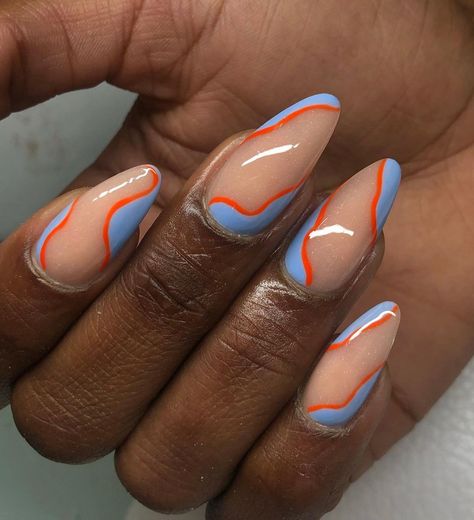 Blue Orange Nails, Blue Swirl Nails, Shape Acrylic Nails, Swirl Nail, Orange Acrylic Nails, Swirl Nail Art, Girls Nail Designs, Almond Acrylic Nails, Almond Nail