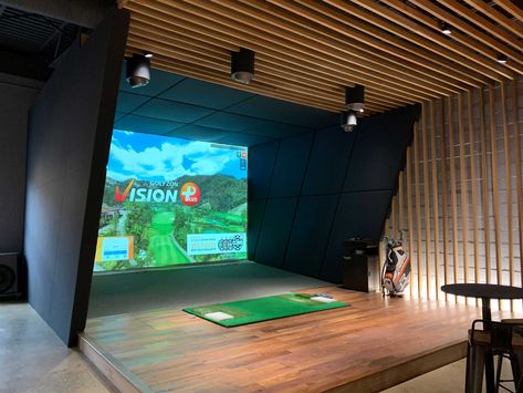 Golfzon | Residential Golf Simulator | Indoor Golf Simulator Golf Simulator Bar, Virtual Golf Room Design, Golf Simulator And Media Room, Golf Lounge, Man Cave With Golf Simulator, Golf Simulator Business, Home Golf Simulator Room, Indoor Golf, Golf Simulator Basement