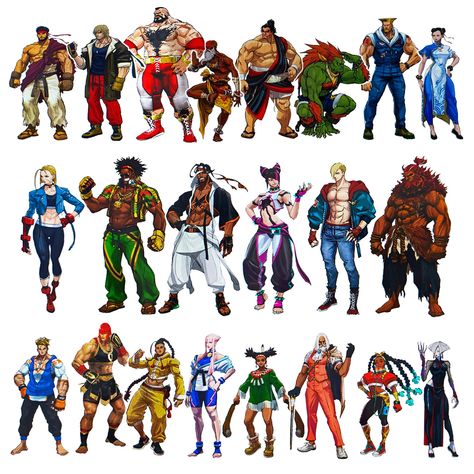 Characters Roster Concept Art - Street Fighter VI Art Gallery Street Fighter Male Characters, All Street Fighter Characters, Street Fighter 6 Concept Art, Street Fighter 6 Characters, Sf6 Characters, Street Fighter Character Design, Street Character Design, Street Fighter Concept Art, Street Fighter Design