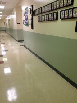 Consider the effect green has in a school hallway.  How can you carry the emotional experience of harmony into the classroom? Daycare Color Walls, Paint Colors For Office Walls, Colors For Classroom Walls, Classroom Colour Scheme, Classroom Paint Colors Wall Schools, Elementary School Color Palette, Daycare Colors Schemes, Classroom Wall Colors, Classroom Paint Colors