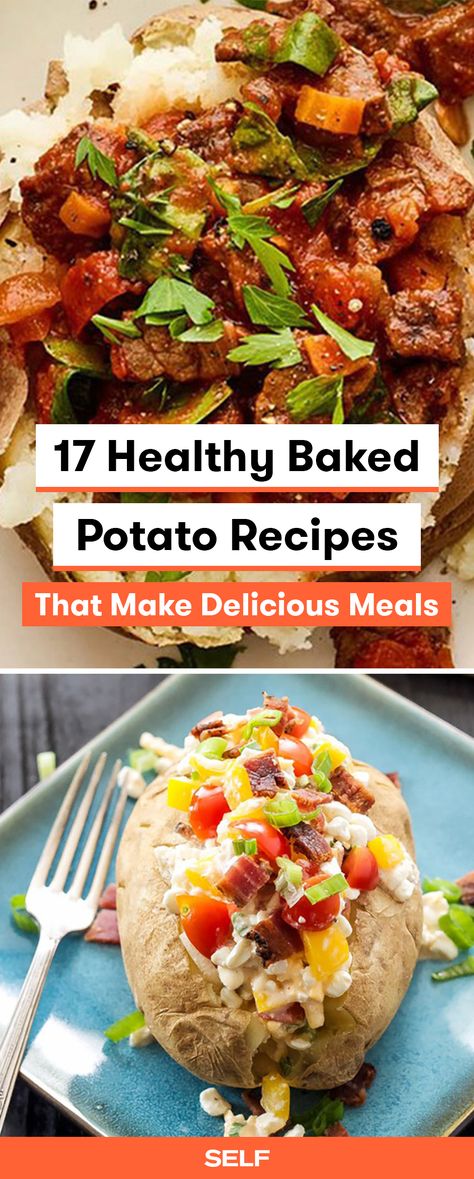 Baked potatoes are super easy to make. Just pop them in the oven with your toppings and you're done! Try these vegan, vegetarian, gluten-free, and paleo baked potato recipes, made with classic Russet potatoes or sweet potatoes for a twist. These healthy meals are perfect for meal and can be made in an hour or less! Healthy Baked Potato Recipes, Healthy Baked Potato, Meals Potato, Baked Sweet Potato Oven, Potato Recipe For Kids, Healthy Baked Potatoes, Baked Potato Dinner, Potato Recipes Crockpot, Russet Potato Recipes