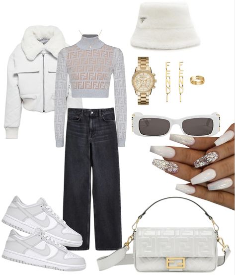 Casual basic everyday outfit. Outfit inspo. Outfit ideas for winter. White and grey outfit. Neutral outfit. Fendi. Fendi baguette. BALENCIAGA.  Coperni. Photon Dust Outfit, White Fashion Aesthetic, Black Dunks, Neutral Winter Outfit, Dunk Outfit, Fendi Jacket, Fashion Aesthetic Outfits, Fendi Monogram, Baguette Earrings