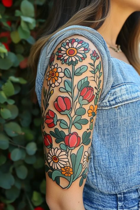 Woman Nature Sleeve Tattoo Ideas 62 Womens Neo Traditional Tattoo, Women American Traditional Sleeve, Filler Nature Tattoos, Vintage Americana Tattoo, Trad Floral Tattoo, Meaningful Traditional Tattoos, Soft Traditional Tattoo, Folk Floral Tattoo, Pretty Traditional Tattoo