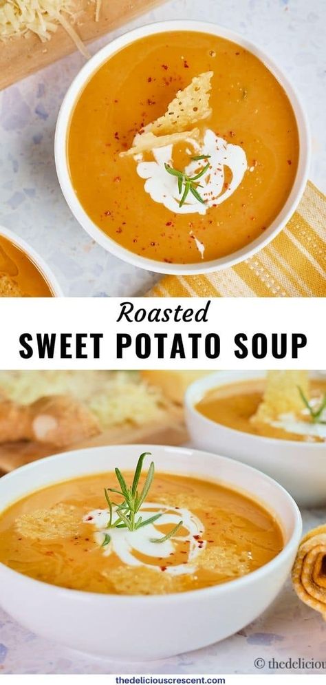 This roasted sweet potato soup is so creamy, delicious and perfect for holidays. Rich in taste with coconut milk, ginger, cardamom, nutmeg, rosemary and topped with parmesan crisps. So festive and comforting! This easy soup recipe can be made lighter and healthy, vegan and can even be cooked in a crockpot or instant pot. It has a hint of spice, so you can add some butternut squash if you like. #sweetpotatococonut #creamysoup #roastedsweetpotato Potato Soup With Coconut Milk, Roasted Sweet Potato Soup, Sweet Potato Soup Recipes, Hearty Soup Recipes, Coconut Milk Soup, Parmesan Crisps, Roasted Sweet Potato, Coconut Soup, American Recipes