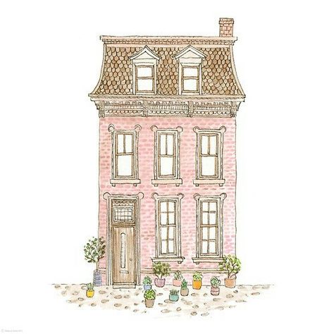 Cottage Fence, Building Illustration, Illustration Photo, House Illustration, Pink House, House Portraits, Cute House, House Drawing, Pink Houses