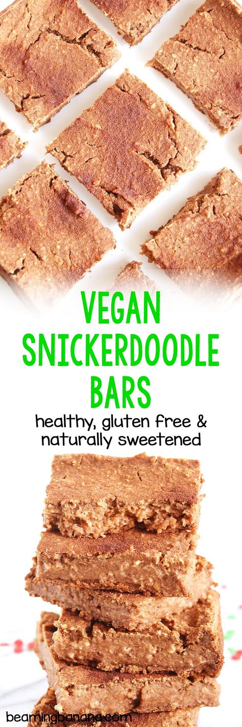 Rich, gooey vegan snickerdoodle bars have all the sweet, cinnamon flavors of the traditional cookie, in easy to make bar form! Healthy, gluten free and naturally sweetened. #vegansnickerdoodlebars #snickerdoodle #veganbars #veganchristmas #christmasdessert #vegandessert #healthychristmasrecipe Snickerdoodle Cookie Bars, Snickerdoodle Blondies, Vegan Blondies, Snickerdoodle Bars, Vegan Bars, Clean Eating Dinner Recipes, Healthy Christmas Recipes, Snickerdoodle Cookie, Vegan Bar