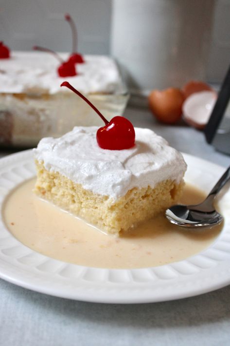 Homemade Tres Leches Cake, Tres Leches Recipe, Sweet Condensed Milk, Tres Leches Cake, Cuban Recipes, Tres Leches, 9x13 Baking Dish, Maraschino Cherry, Sweetened Condensed Milk