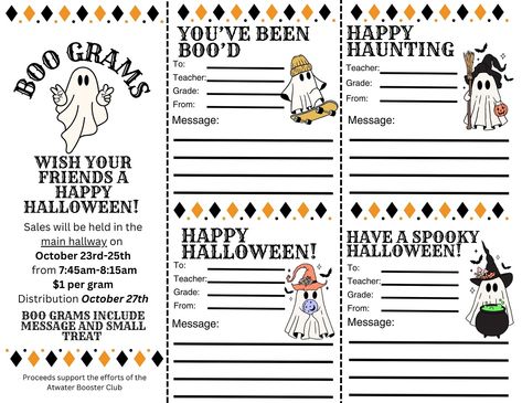 Boo grams are a fun way to add a little extra cash to your PTO pocket for the fall. If you have not done a Grams sale yet, consider planning one this October. Families purchase a gram for $1-3 depending on what you plan to include with the gram. We usually include a small trinket, a small treat and their message. We then sort the grams by class and put them in their teachers mailbox. Teachers pass them out at their convenience to minimize classroom disruption. Pro tip- make sure to adve... Boo Grams Fundraiser, Boo Grams, Parent Teacher Association, Easy Fundraisers, Booster Club, Senior Activities, Parent Teacher, Halloween Toys, Teacher Organization