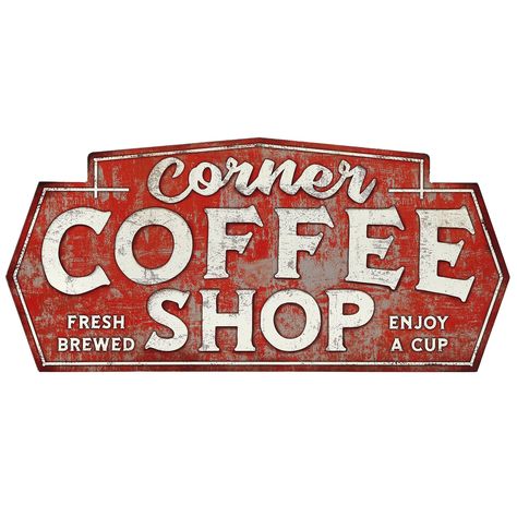 PRICES MAY VARY. Open Road Brands official product: It doesn't get any more charming than this striking wall decor. Featuring a red background and a heavily distressed finish, this sign is sure to be right at home alongside your other vintage decor pieces. Fun Vintage Sign: With text that reads, "Corner Coffee Shop," "Fresh brewed," and "Enjoy a cup," this restaurant sign-inspired design is sure to have you craving another cup of Joe. Material: This sign is made of lightweight tin, making it eas Husbands Office, Wall Decor For Dining Room, Vintage Store Signs, Corner Coffee Shop, Decor For Dining Room, Corner Coffee, Cafe Sign, Coffee Wall Decor, Coffee Wall