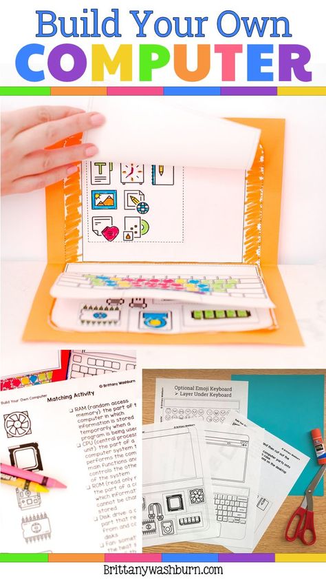 Your students are going to love learning about the parts of a computer while building their own on paper! These little laptops turn out so adorable you can't resist smiling when you see the finished products. This activity is meant to be quite open-ended, but the internal computer parts do each have a place. Decipher where they go by the size of the cut out. Kindergarten Technology Activities, Computer Activities For Kids, Paper Activity, Technology Activities, Kindergarten Technology, Computer Lab Classroom, Technology Classroom, Build Your Own Computer, Computer Lessons