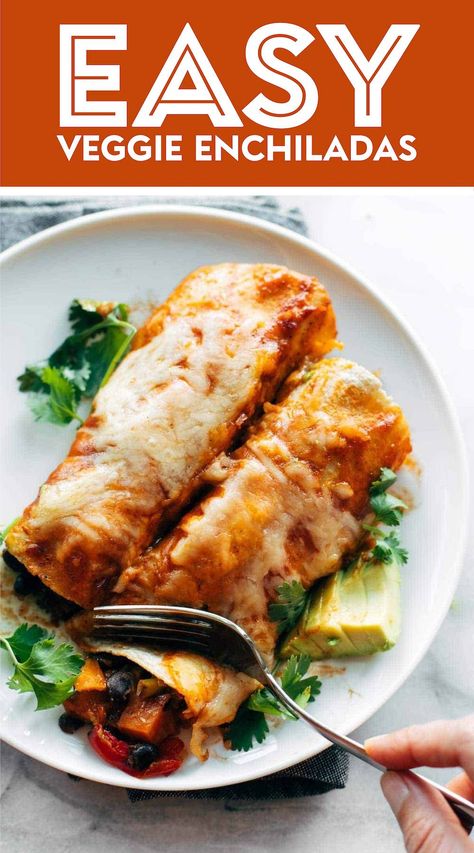 Easy Veggie Enchiladas! Saucy, cheese, filling, cozy, and packed with any roasted veggies you want. Super versatile and easy to make! #enchiladas #vegetarian #meatless Enchiladas Vegetarian, Veggie Burritos, Veggie Enchiladas, Pinch Of Yum, Vegetarian Enchiladas, Easy Enchiladas, Enchilada Recipe, Homemade Enchiladas, Easy Veggie