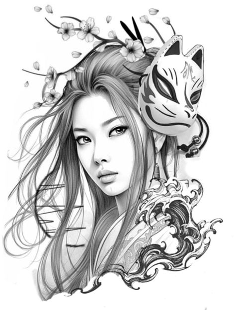 Female Samurai Tattoo, Japanese Geisha Drawing, Tato Geisha, Japanese Geisha Tattoo, Geisha Drawing, Geisha Tattoo Design, Dragon Tattoo Sketch, Chest Tattoo Ideas, Japanese Flower Tattoo