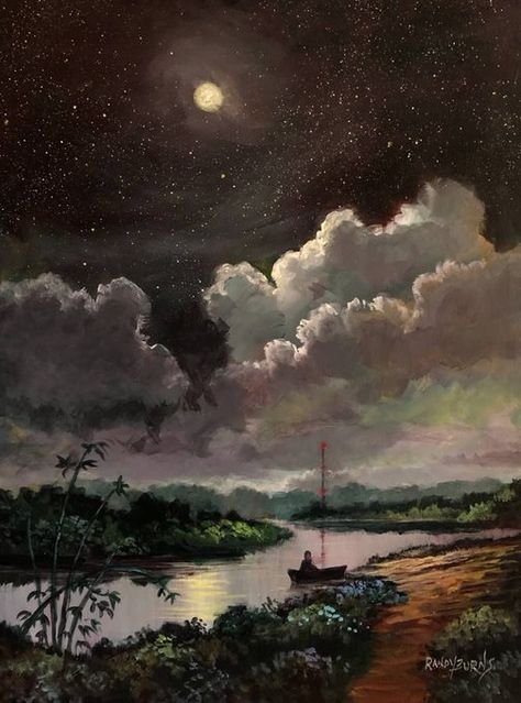 Whimsical Night Art, Night Nature Painting, Sky Night Painting, Landscape Paintings Night, Night Painting Moonlight, Night Time Paintings, Painting Moon And Stars, Dark Sky Painting, Moon Night Painting