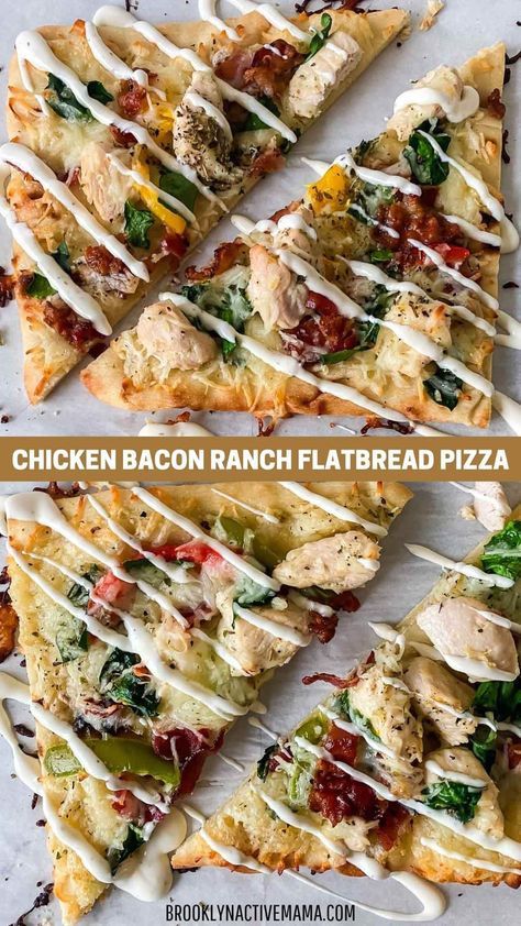 This Chicken Bacon Ranch Flatbread Pizza recipe is a big hit with the whole family. Featuring fresh vegetables and so much flavor! Chicken Bacon Ranch Flatbread Sandwich, Chicken Bacon Flatbread Recipes, Naan Bread Chicken Pizza, Chicken Bacon Ranch Flatbread Pizza, Flatbread With Chicken, Flat Bread Pizza Ideas Flatbread Recipes, Diy Flatbread Pizza, Chicken Flatbread Recipes Healthy, Flatbread Recipes Chicken