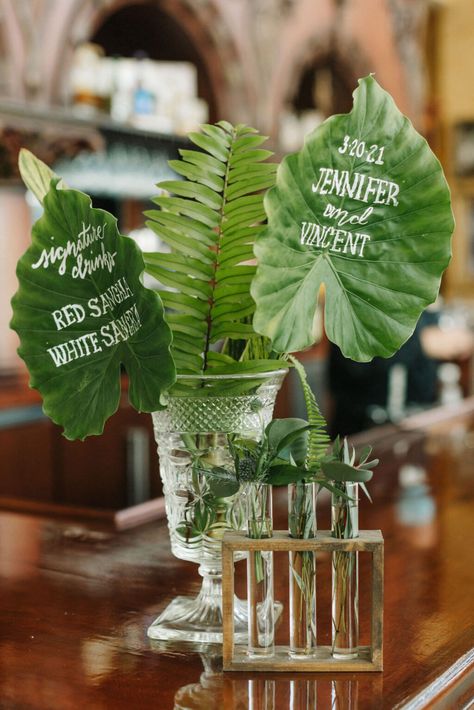 Drink menu on monstera leaf for modern bohemian wedding greenery decor Wedding Drink Menu, Wedding Design Inspiration, Honeymoon Island, Neutral Wedding Colors, Tampa Wedding, Perfect Planner, Wedding Vendor, Neutral Wedding, Wedding Drink