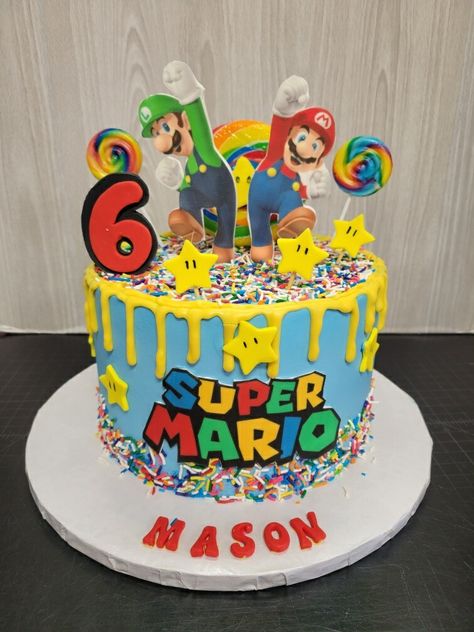 Super Mario Drip Cake, Mario Drip Cake, Mario Bros Birthday Cake Ideas, Mario Birthday Cake Simple, Super Mario Cake Birthday Easy, Super Mario Bday Cake, Mario Bday Cake, Mario And Luigi Birthday Cake, Super Mario Birthday Party Cake