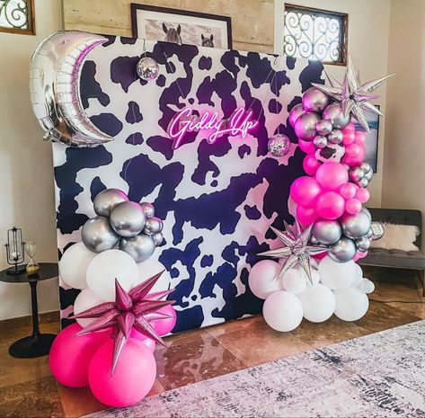 Space Cowgirl Backdrop, Disco Cowgirl First Birthday Photoshoot, Disco Cowgirl Party Centerpieces, Cowgirl Adult Birthday Party, Cowgirl Decorations Party, Pink Cowgirl Party, Cowgirl Decorations, Cowgirl Party Decorations, Cowgirl Birthday Invitations