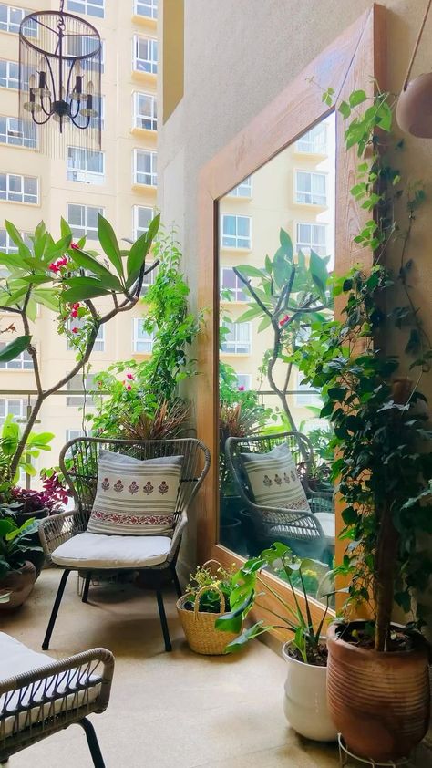 Balcony garden | Interior garden, Balcony garden, Small balcony garden Balcony Mirror Ideas, Long Narrow Apartment Patio Ideas, Terece Gardens, Garden Inside House Ideas, Small Atrium Ideas, Indian Garden Ideas Outdoor Spaces, Long Narrow Balcony Ideas, Sunroom Ideas Plants, Small Balcony Garden Apartment